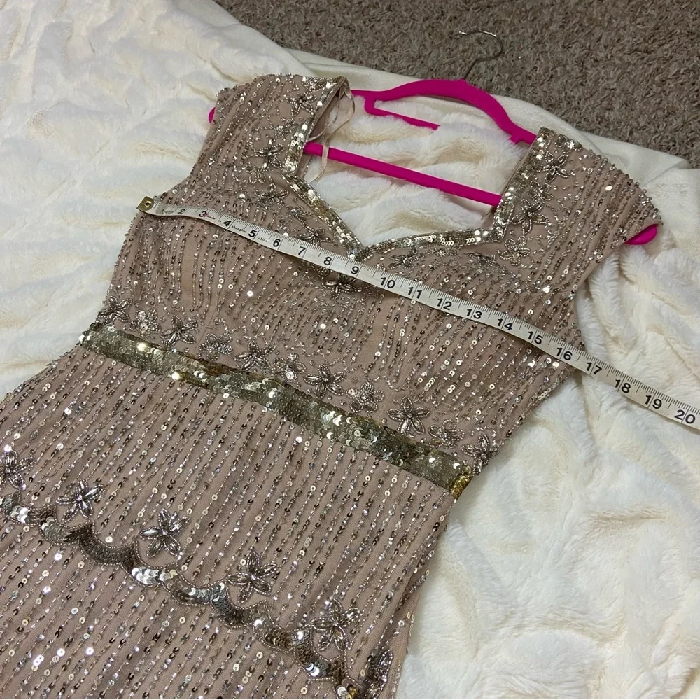 Mac Duggal cap sleeve sequin beaded embellished column gown nude 11175_9